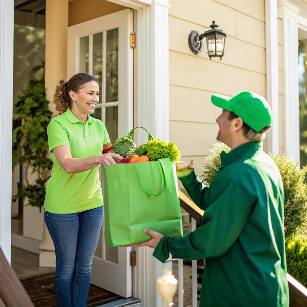 A friendly delivery driver handing groceries to a customer at their doorstep, emphasizing the convenience and personal touch of the service.