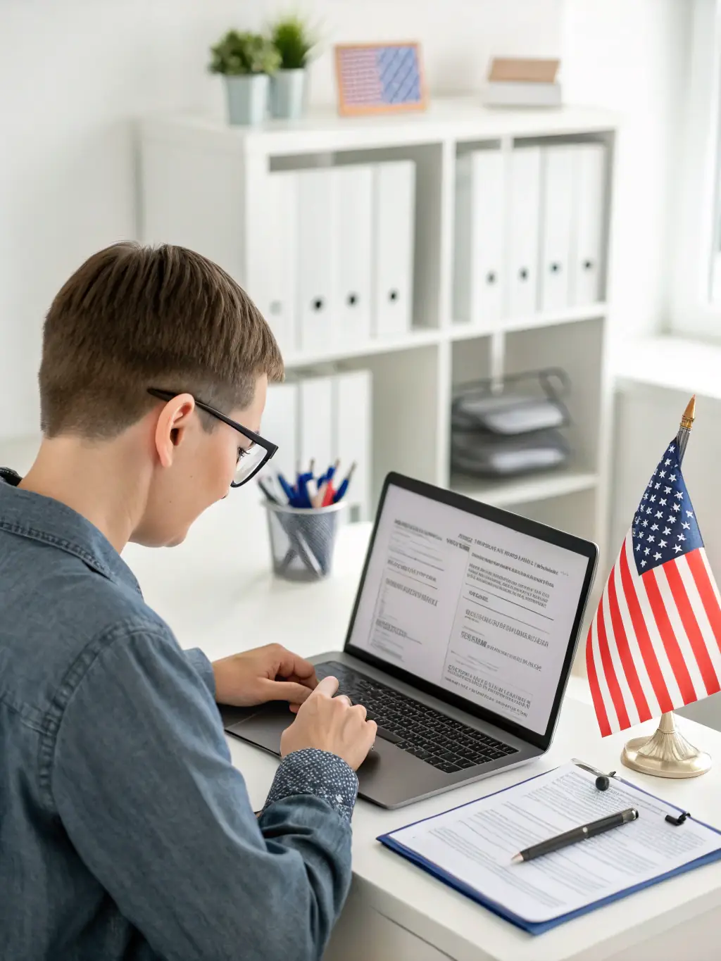 A person filling out a W-7 form at a desk with various tax documents and a calculator, emphasizing the meticulous nature of the ITIN application process.