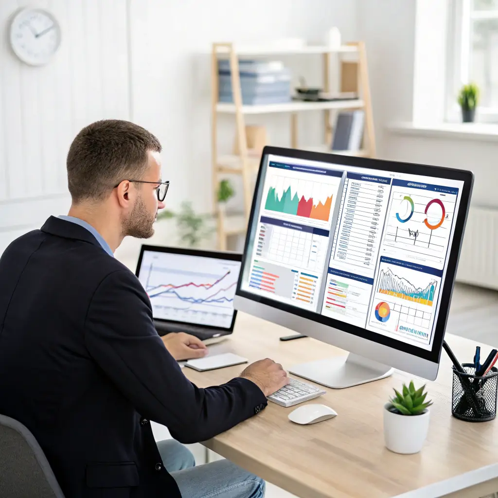 An image depicting a network security analyst reviewing a risk assessment report, highlighting key vulnerabilities and potential threats to a business's IT infrastructure. The image should convey a sense of thoroughness and expertise.
