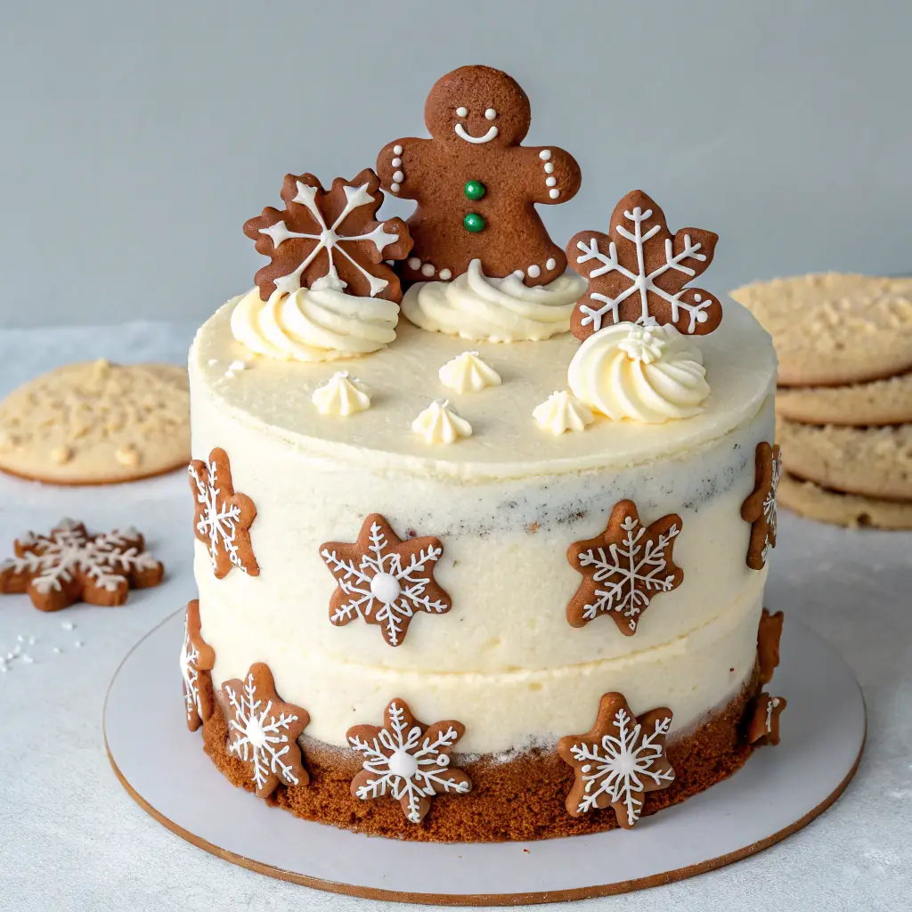 A beautifully decorated gingerbread cake with festive holiday decorations, displayed on a rustic wooden table with a warm, inviting background. The image should evoke feelings of warmth, joy, and holiday cheer, showcasing the bakery's seasonal offerings.