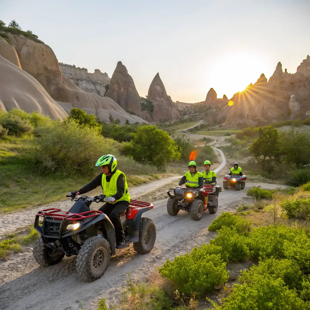 A group of people riding ATVs on a mountain trail in Bușteni, Romania. The image should convey a sense of adventure, excitement, and the beauty of the natural surroundings. Focus on the ATV riders having fun and enjoying the experience.