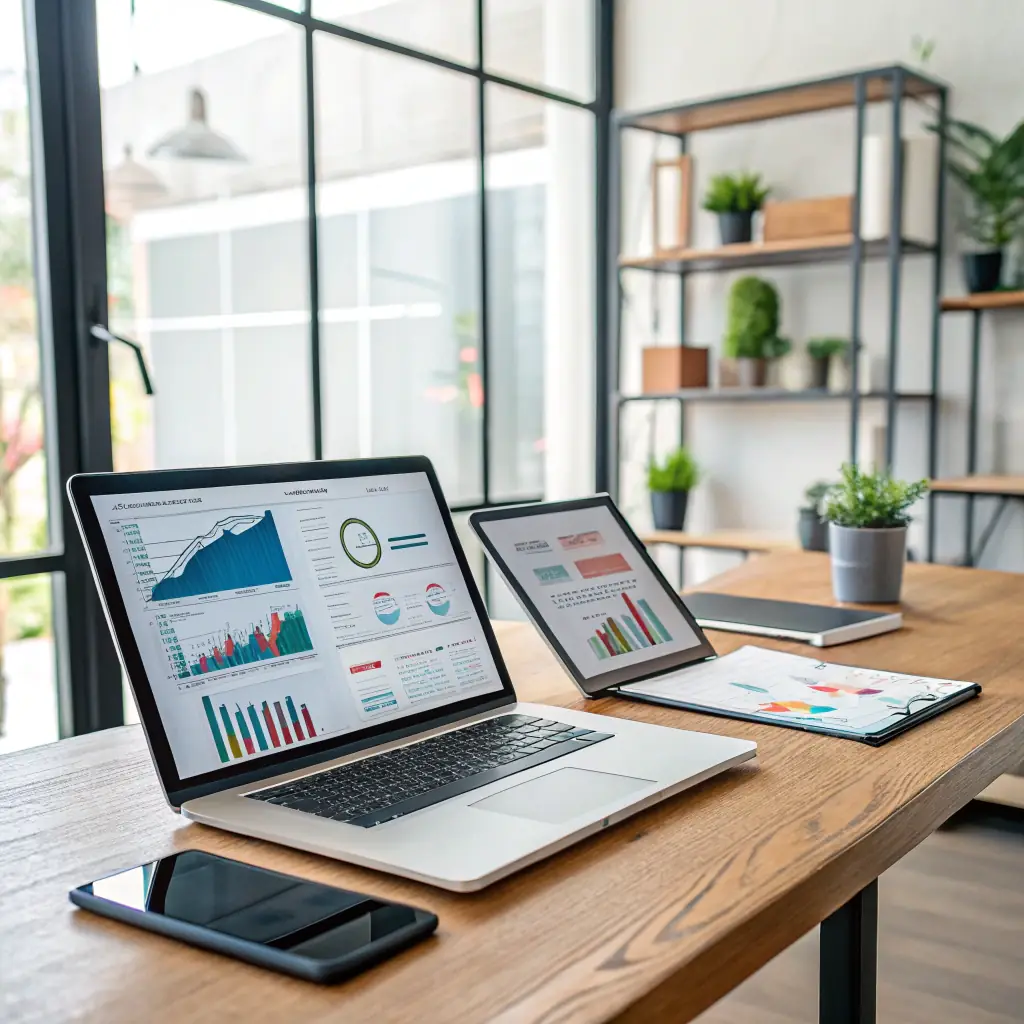 A calm business owner reviewing a clean dashboard and a printed marketing plan in a well-lit office. The dashboard displays key performance indicators (KPIs) in a clear, concise manner.