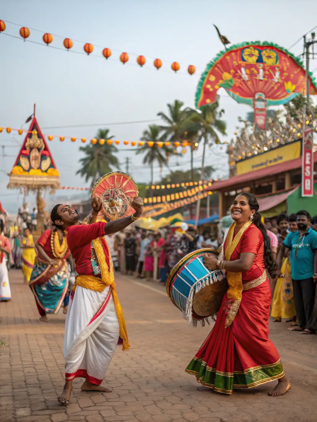 A colorful image of a traditional festival in Changanassery, with locals dressed in vibrant attire, celebrating the rich cultural heritage of the village.