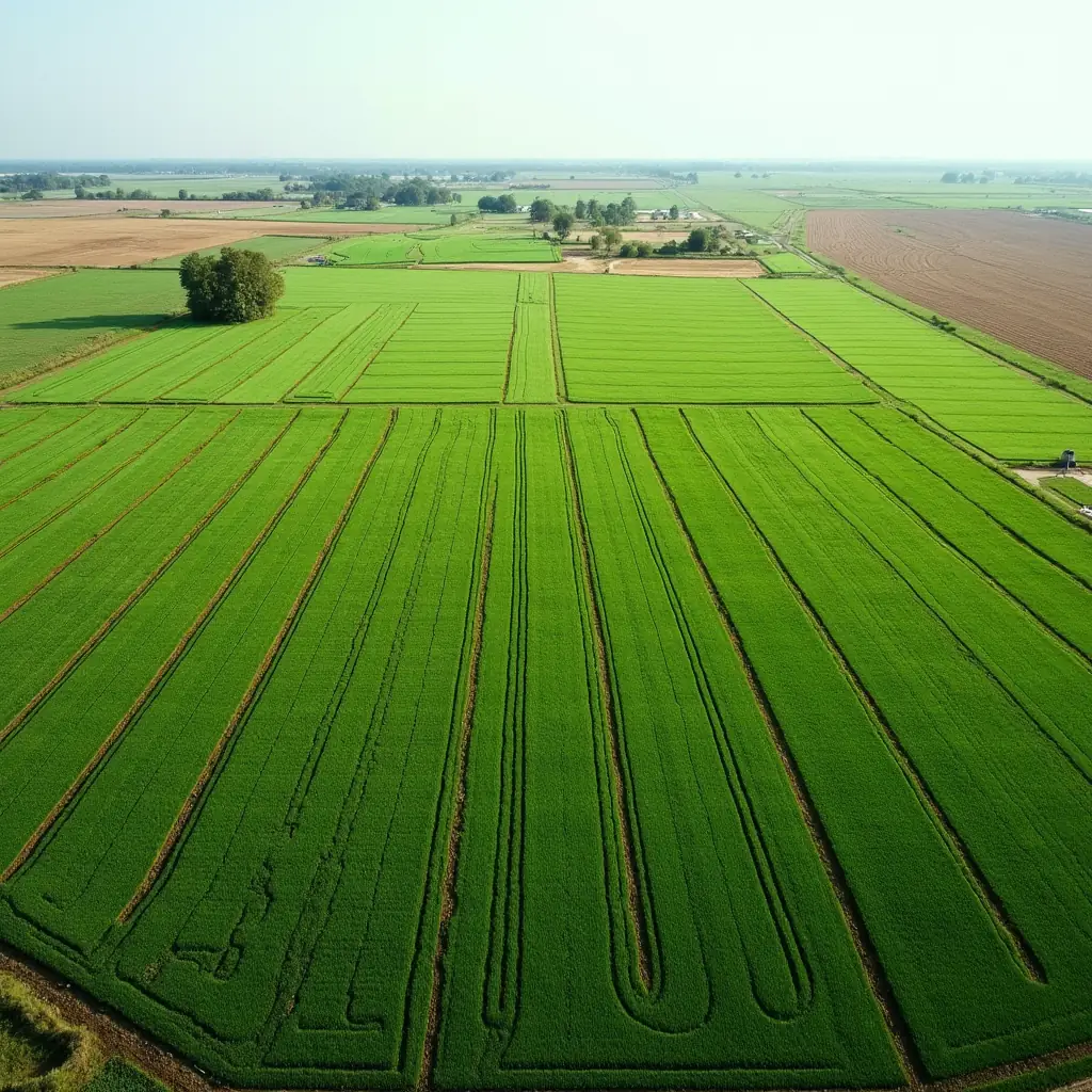 A lush, green agricultural landscape in an equatorial region, showcasing advanced farming techniques and healthy crops.