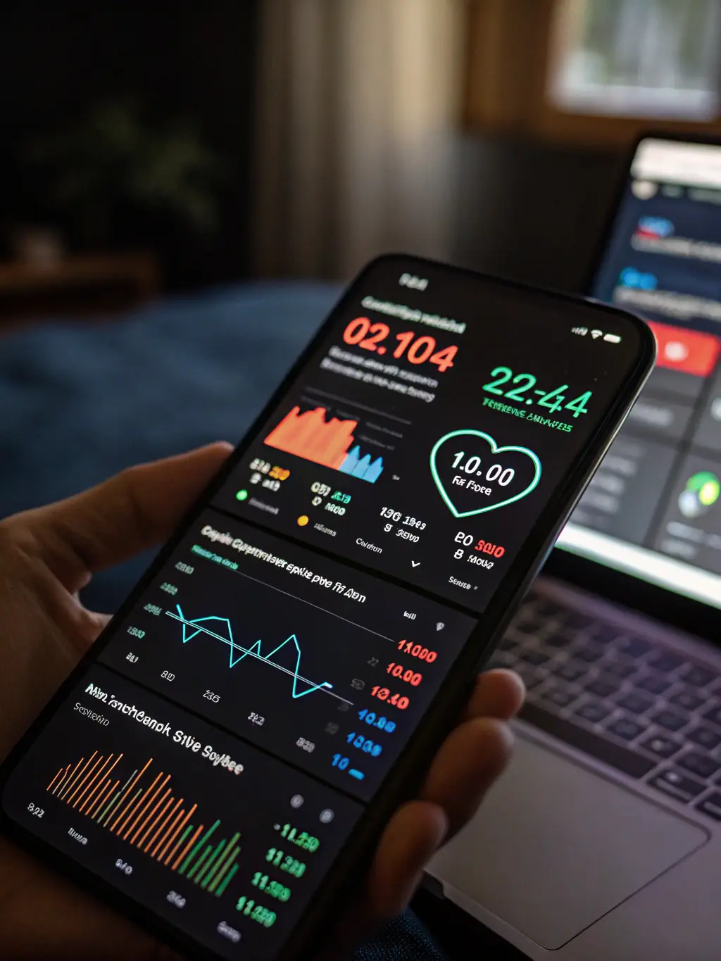 A person wearing an Apple Watch while a heart rate graph is displayed on the watch face, indicating real-time health monitoring. The background is a clean, modern medical environment.