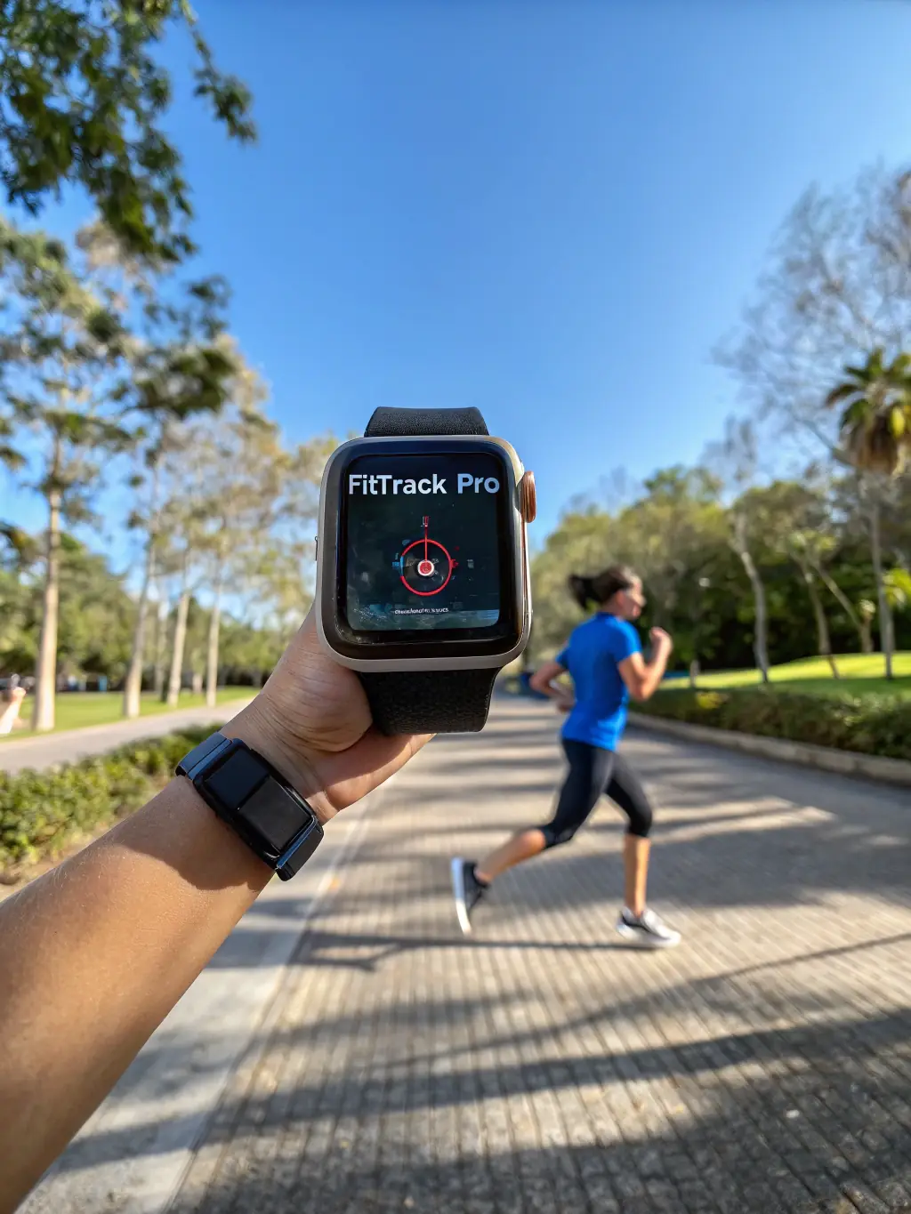 A person wearing a fitness tracker is jogging outdoors, with the tracker displaying activity progress. The background shows a vibrant park scene.