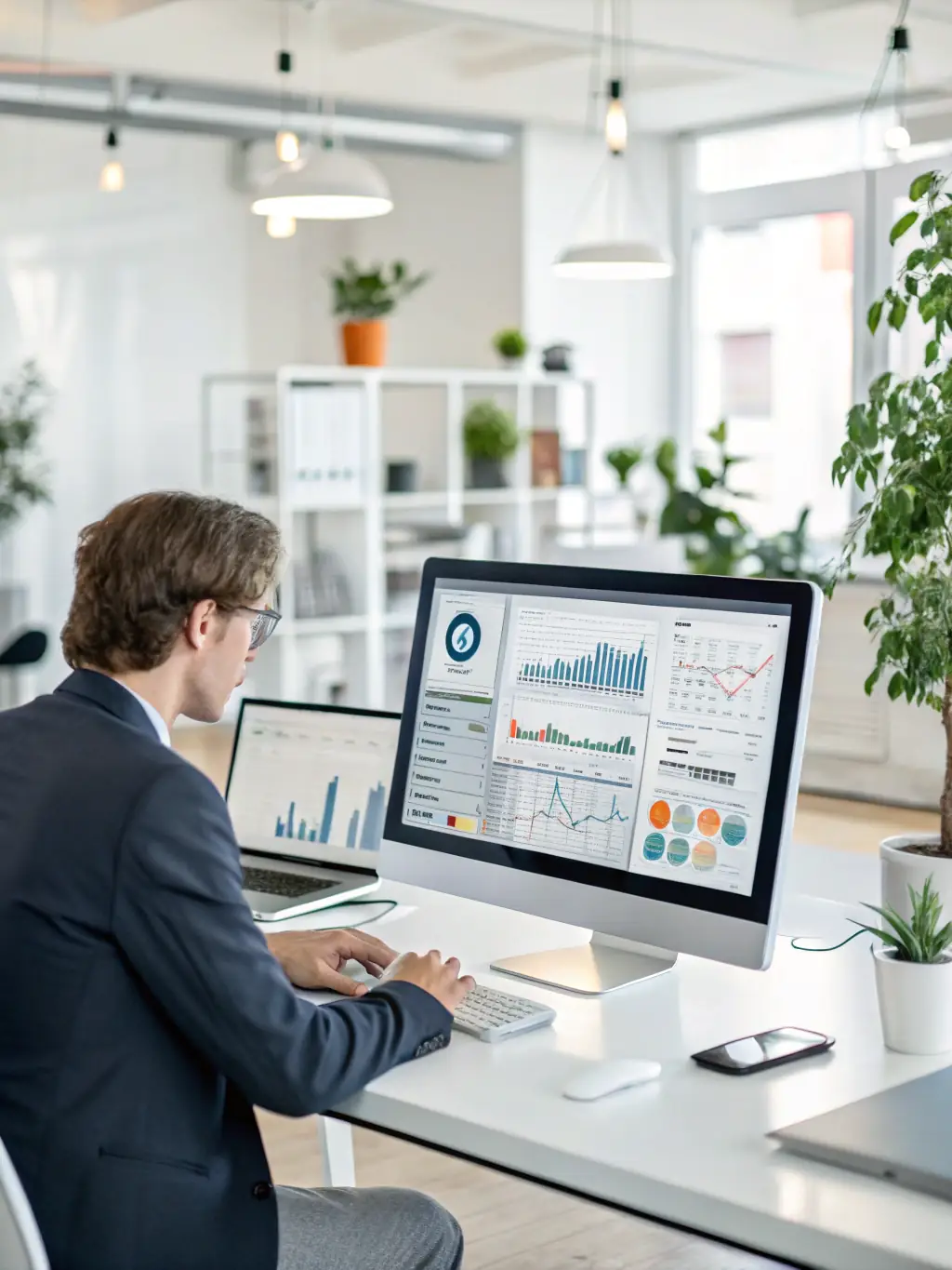 A person wearing Google Glass is managing tasks hands-free, with CRM data overlaid on their view. The setting is a busy, modern office environment.