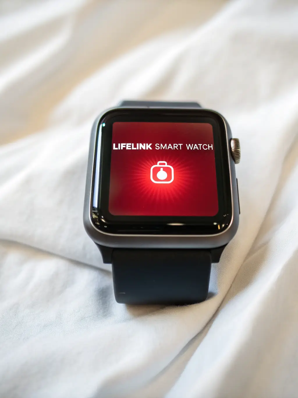 A person wearing a smartwatch is shown stumbling, with an alert flashing on the screen, symbolizing fall detection. The setting is a cozy, well-lit home environment.