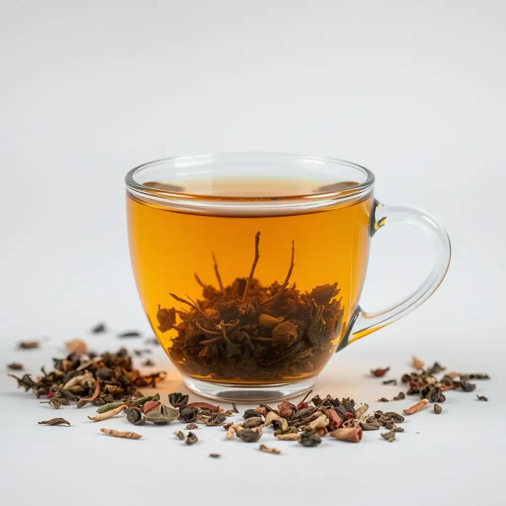 A close-up shot of a steaming cup of PureLeaf tea, with visible tea leaves and herbs infusing in the water. The background should feature a serene, natural setting, such as a bamboo forest or a sunlit garden, to emphasize the brand's commitment to natural ingredients and holistic wellness.