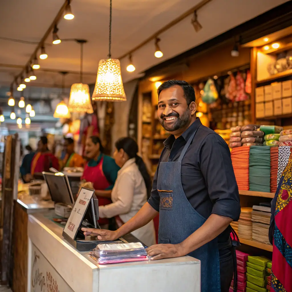 A local business owner happily interacting with customers inside their store, showcasing the positive impact of local SEO. The image should convey a sense of community and success.