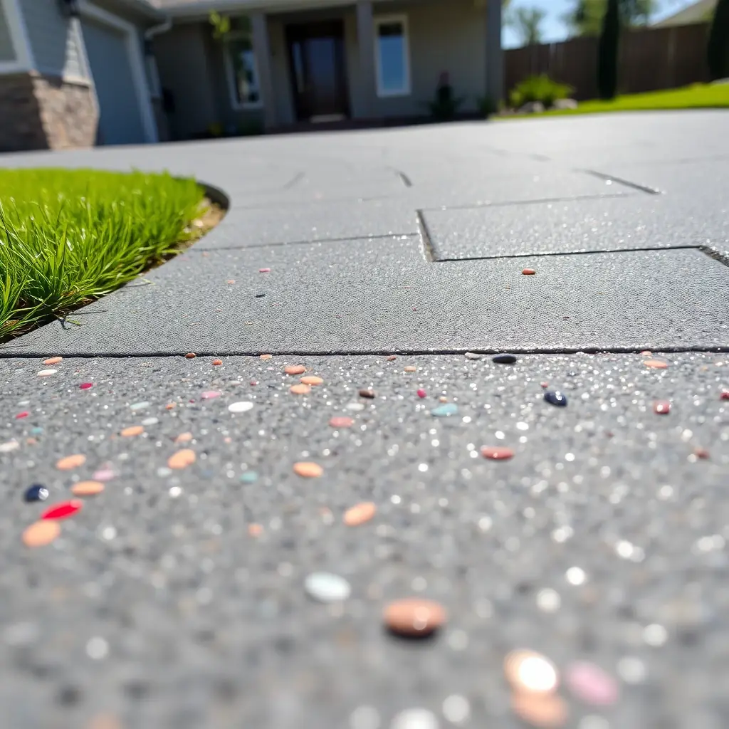 A close-up shot of a newly installed resin driveway in a modern residential setting, showcasing the smooth, seamless surface and decorative aggregate. The image should convey durability and aesthetic appeal.