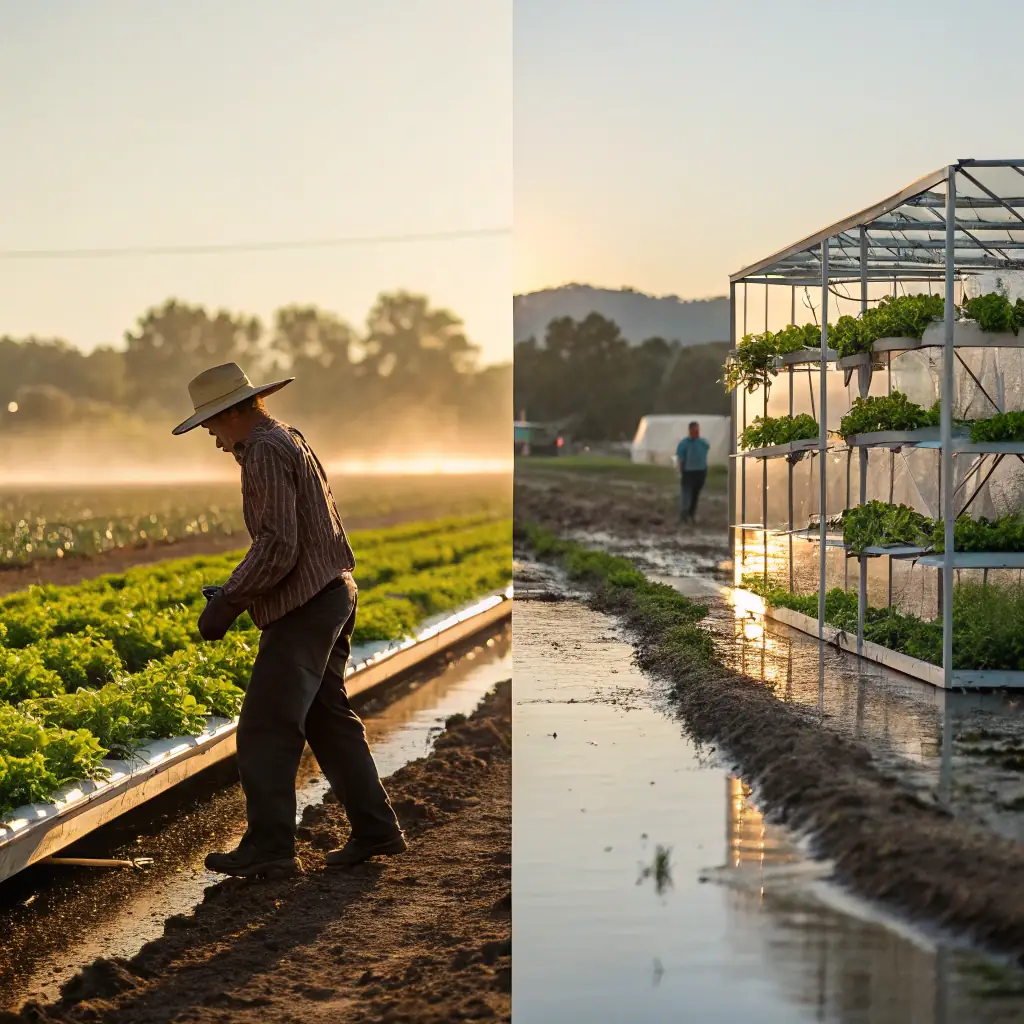 A split image showcasing waste biomass on one side and thriving crops fertilized with biochar on the other, symbolizing the transformation of waste into valuable resources. Flames and biochar elements are subtly incorporated in the background.