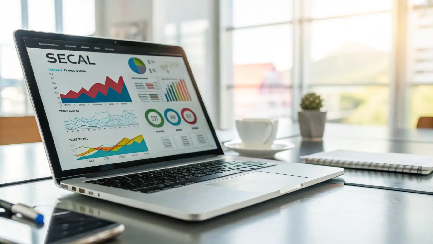 A laptop displaying search engine results with OmegaQube's website ranking at the top, surrounded by keywords and data charts.