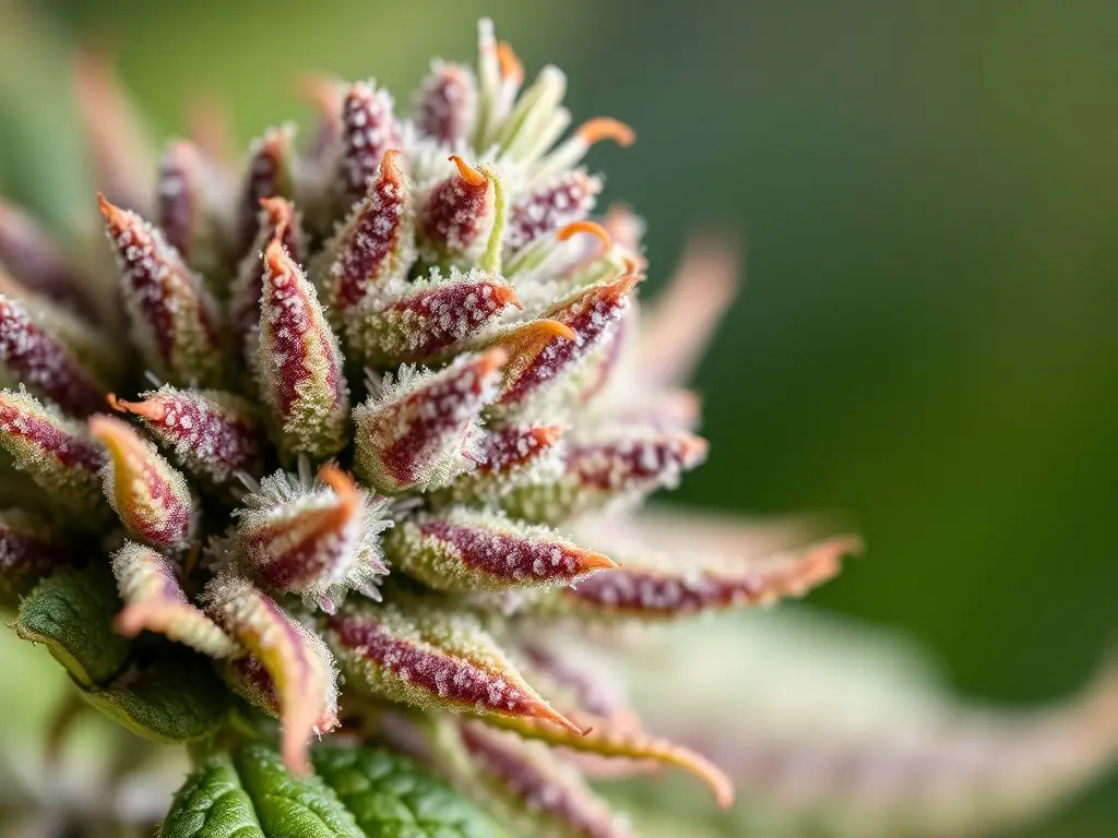A close-up shot of Caviar Dreams Flower DC, showcasing its dense buds, sticky texture, heavy trichome coating, deep green and purple tones, and bright orange hairs.