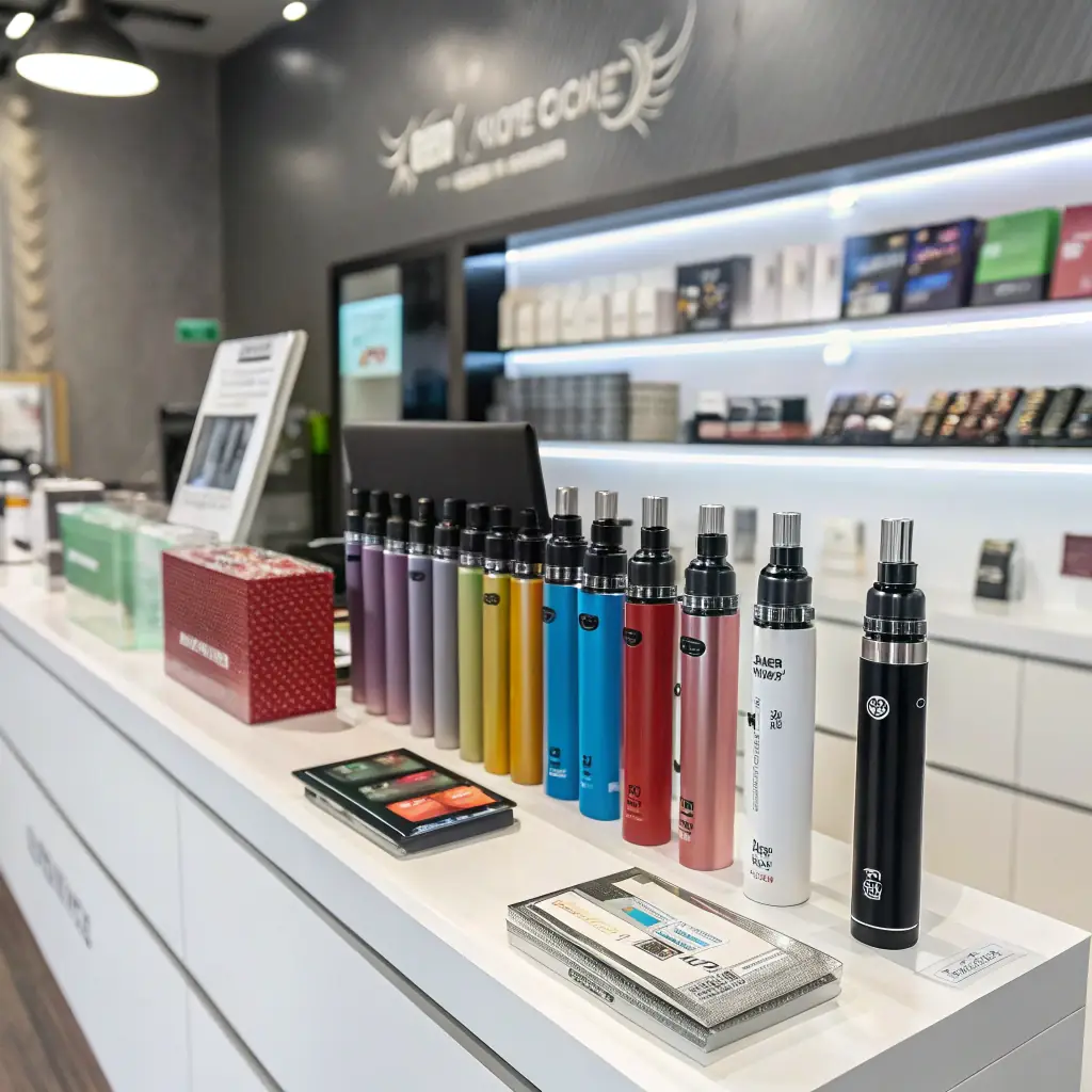 images/vape-products-high-quality.jpg, a high-resolution image showcasing a variety of premium vaping products arranged neatly on a display shelf, emphasizing quality and variety.
