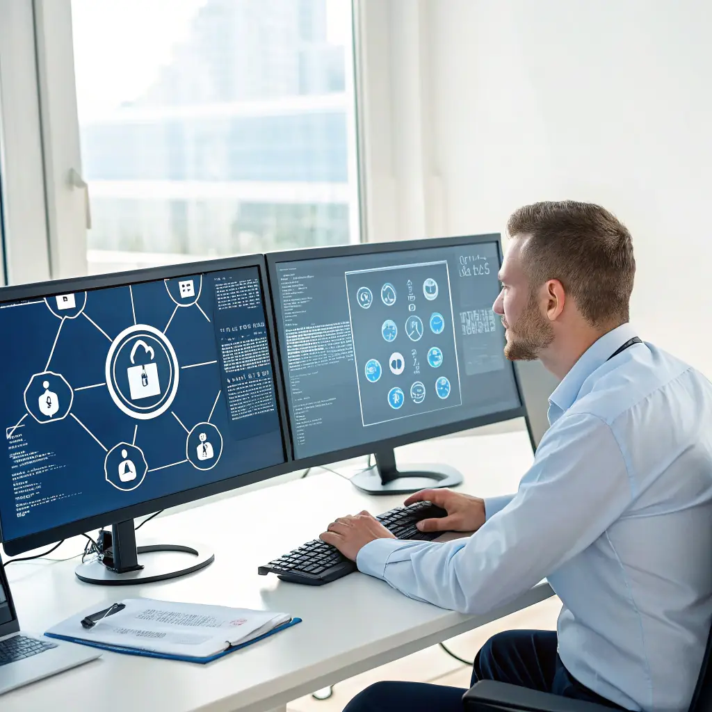 A professional IT consultant reviewing a network security dashboard with a client, showcasing data protection and threat analysis.