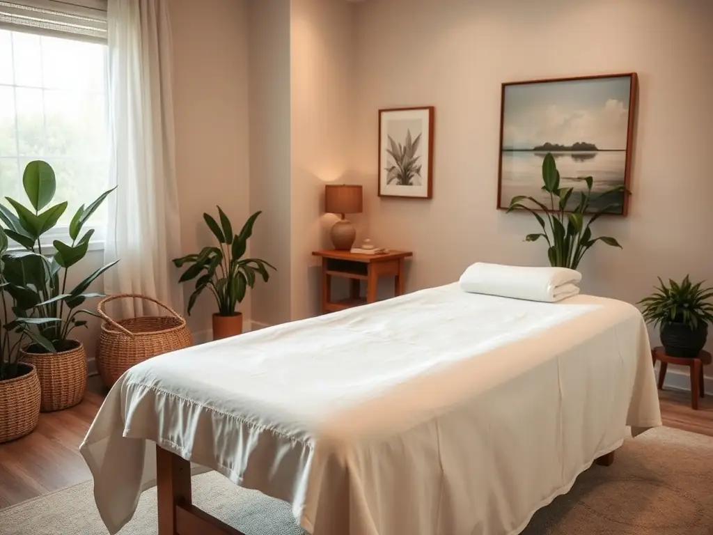 A serene treatment room with calming lighting and healing tools, representing the peaceful environment of Nuno Gois Therapies