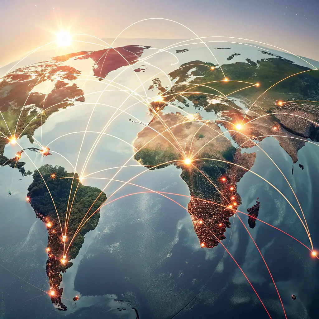 Abstract visuals representing global markets, data networks, and strategic connections, suitable for a consulting firm specializing in go-to-market strategies.