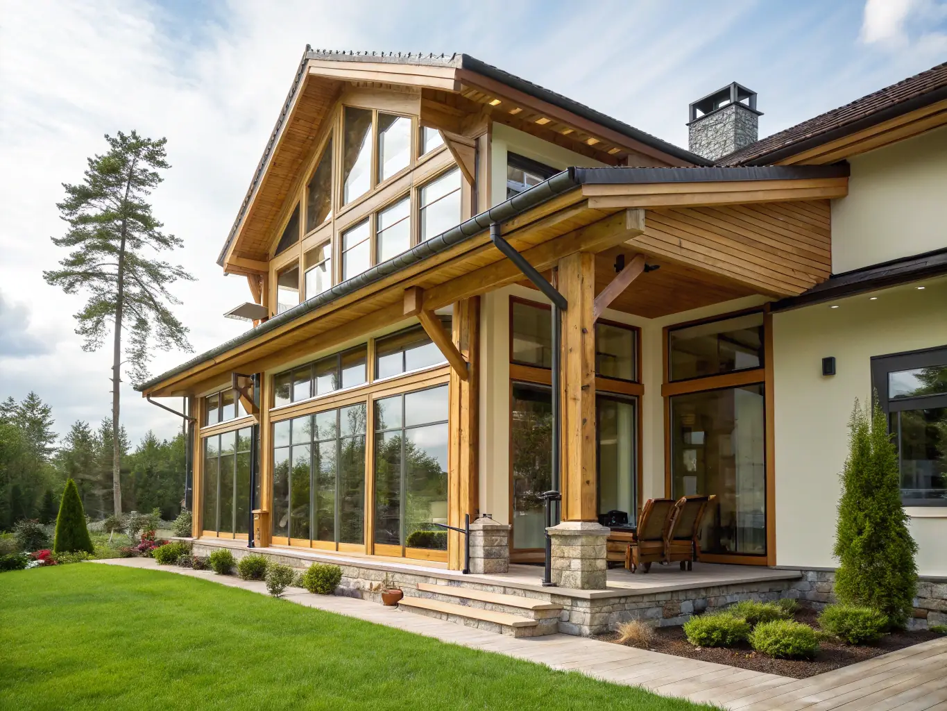 A panoramic view of a modern, custom-built home with a welcoming porch and lush surroundings.