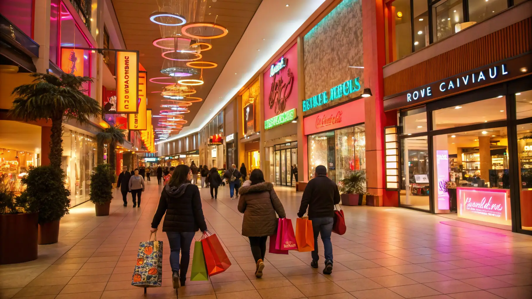 A modern shopping mall interior with people walking around and various shops and restaurants visible. The image should convey a sense of a busy and vibrant environment.