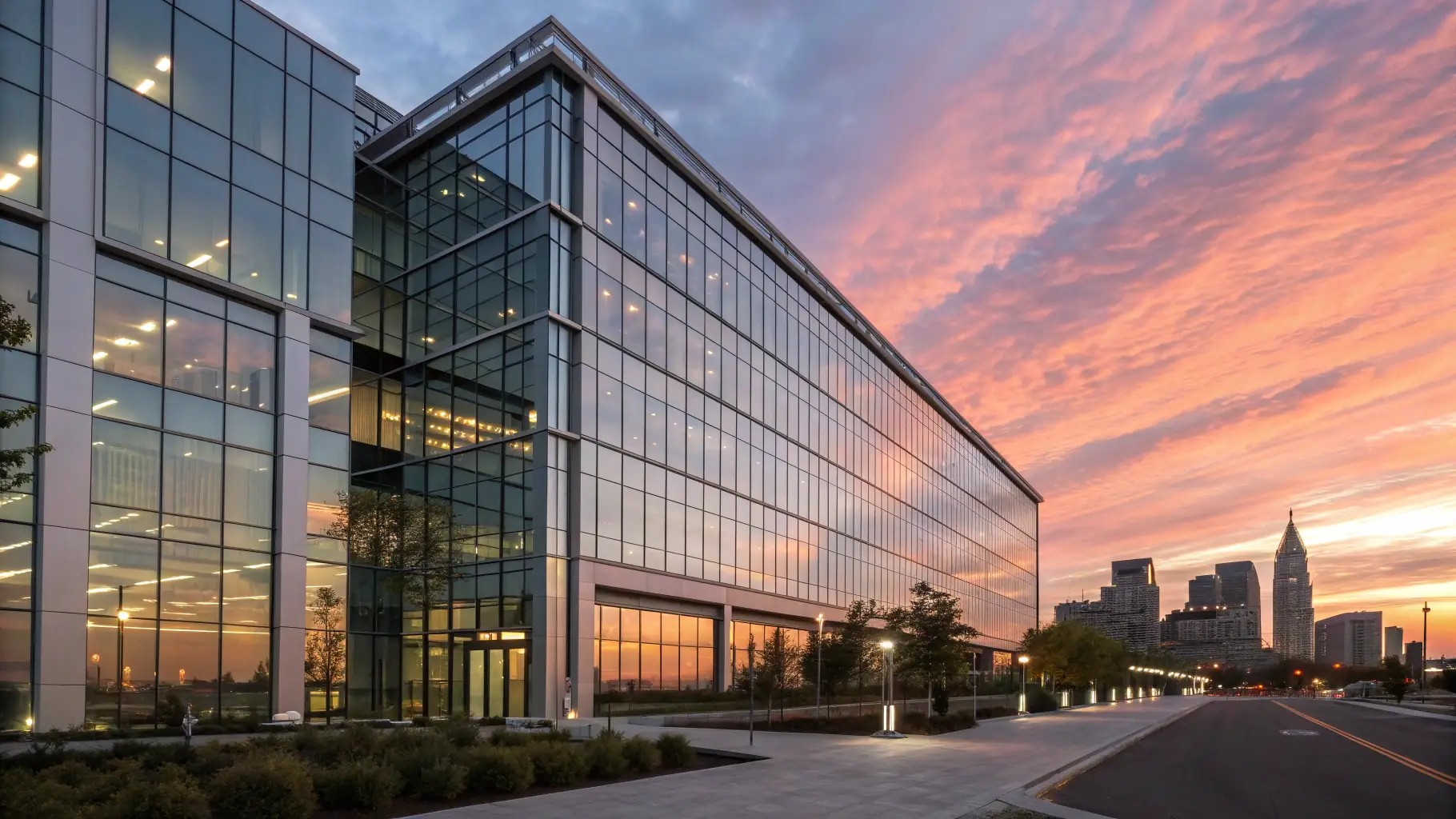 A modern office building with a sunrise in the background, representing growth and financial success.