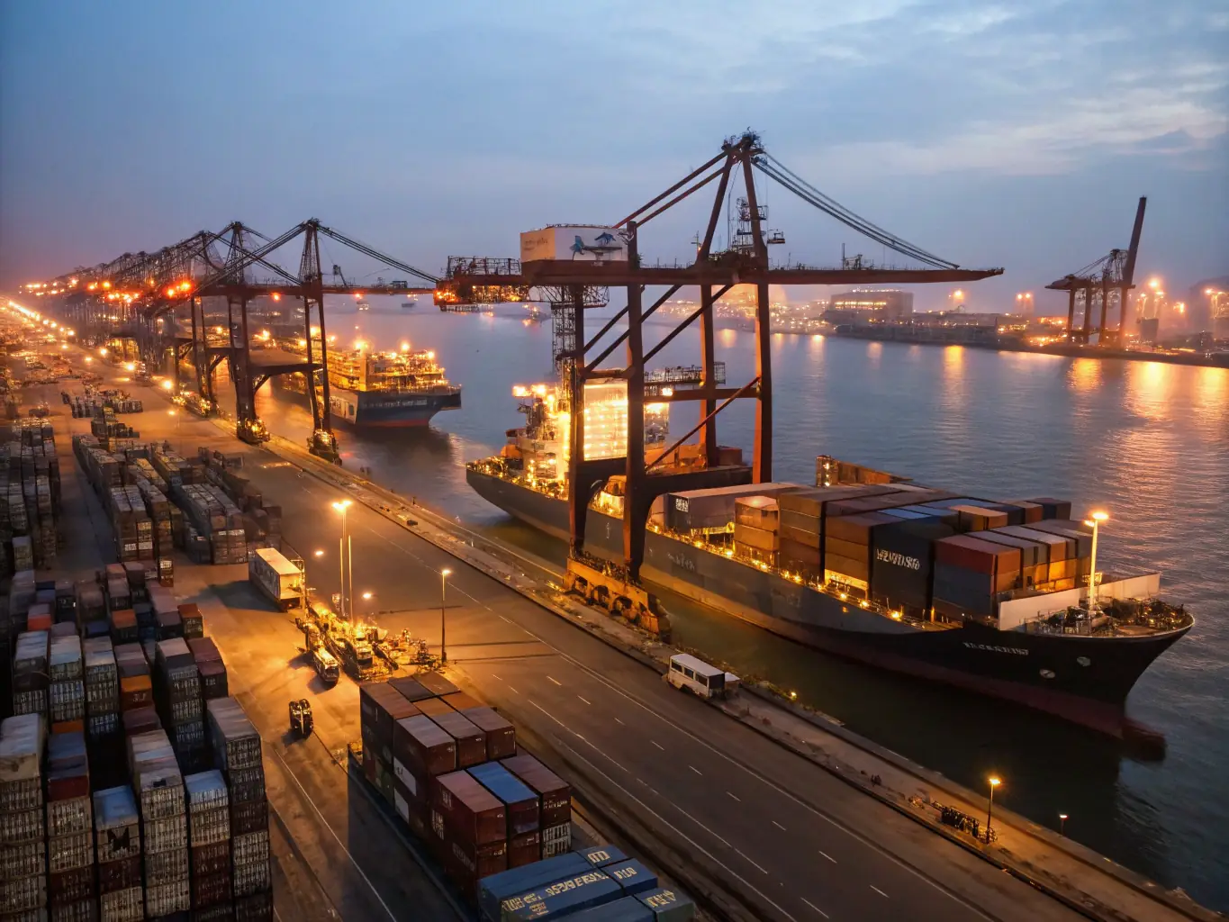 A cargo ship at a busy port, symbolizing the logistic services provided by Axum Group Ltd for efficient international trade.