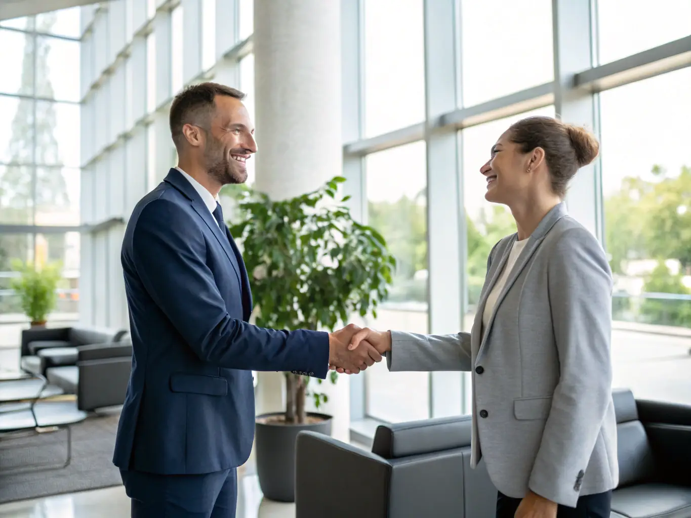 A consultant in a business suit shaking hands with a client over a table filled with documents, symbolizing a successful product sourcing consultation.