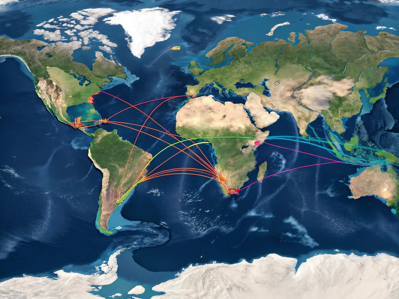 A world map with interconnected lines representing global trade routes, highlighting the international trade services offered by Axum Group Ltd.