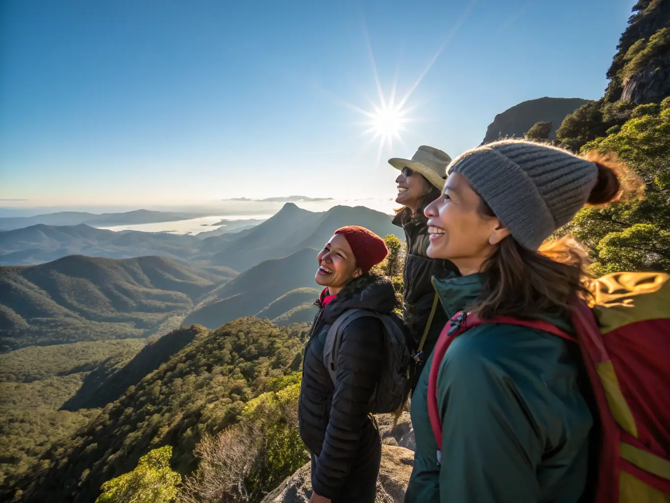 A group of happy travelers enjoying a scenic view during their trip.