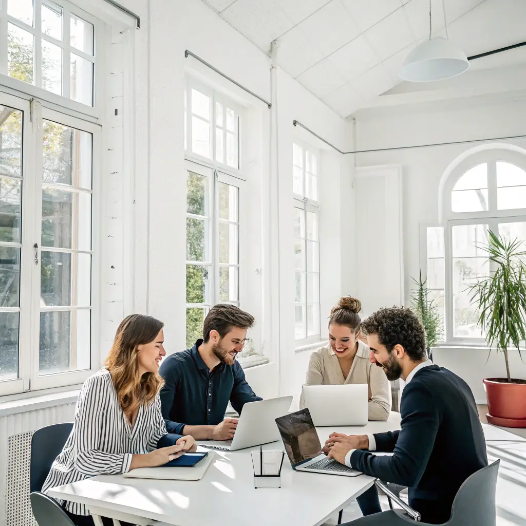 a modern office environment with team members collaborating on digital devices, representing innovation and teamwork, suitable for an about section image
