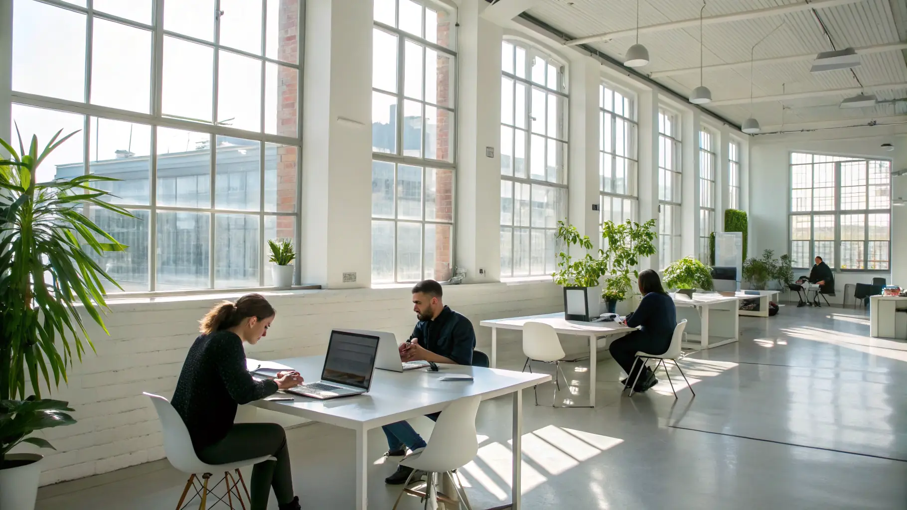 A modern and bright office space with employees working on computers, reflecting a collaborative and innovative environment.