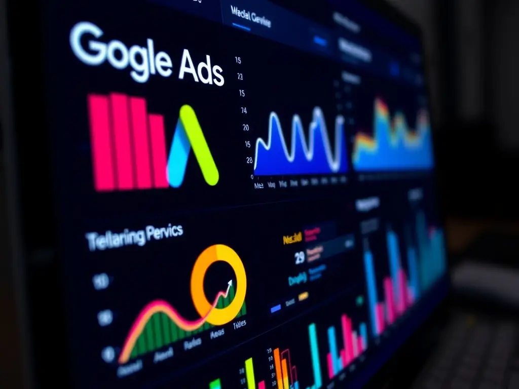 A close-up shot of a Google Ads dashboard displaying key performance indicators (KPIs) and campaign metrics.