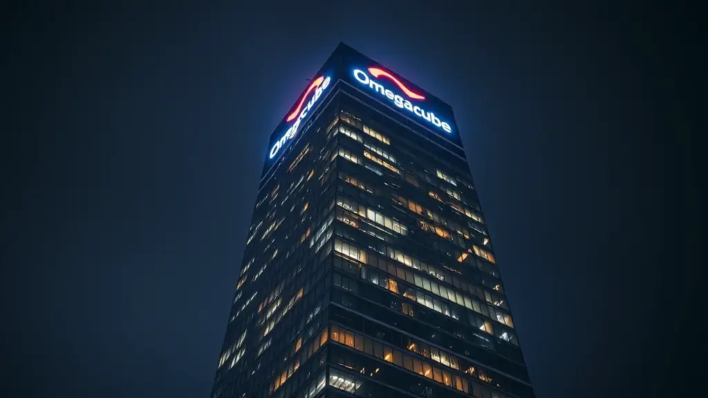 A modern office building with the OmegaQube Agency logo next to the Google Building, featuring R2-D2, Gemini, Grok, and the OmegaQube logo, symbolizing innovation and collaboration in digital marketing.