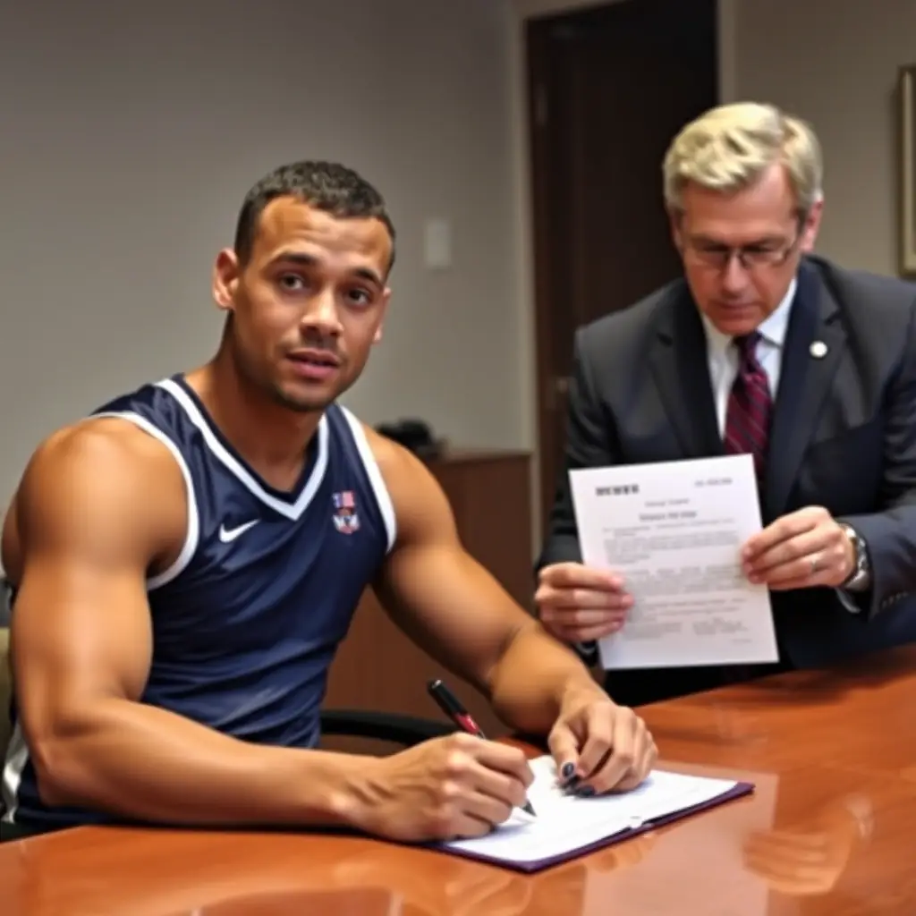 An athlete signing a federal contract with a government official.