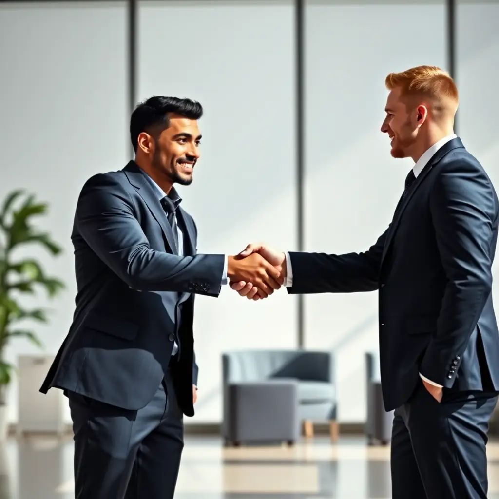 A handshake between two athletes in business suits, symbolizing a joint venture.