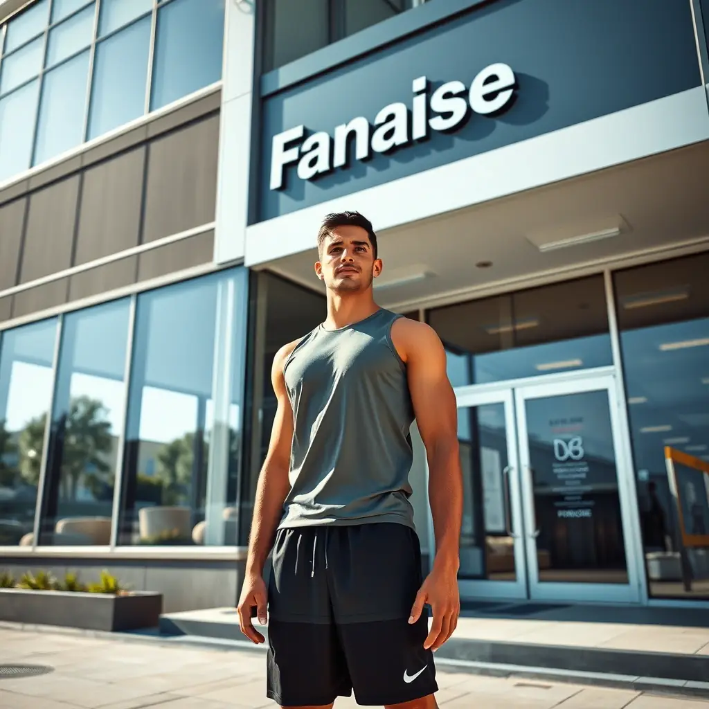 An athlete standing in front of a new franchise location.