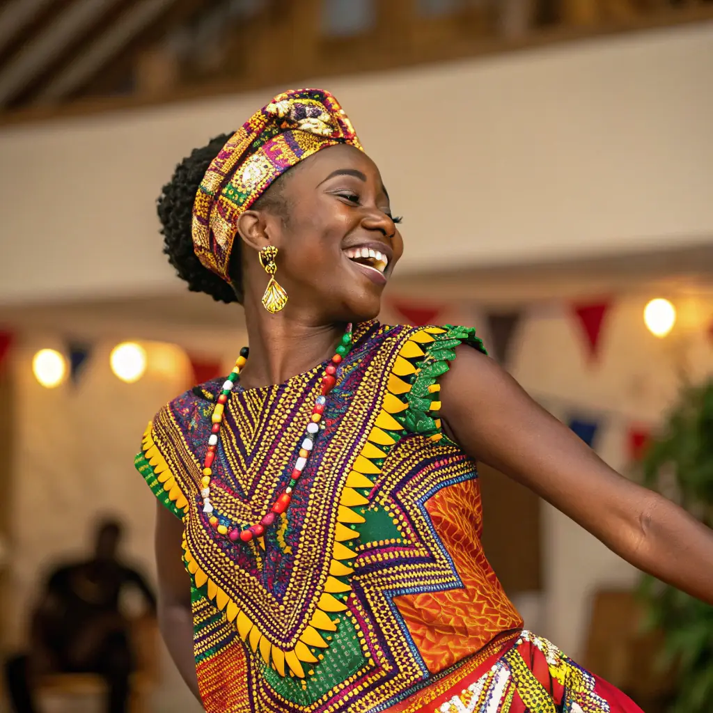 Marie is a vibrant woman with a contagious laugh, she wears colorful traditional clothing and has a warm, welcoming presence.