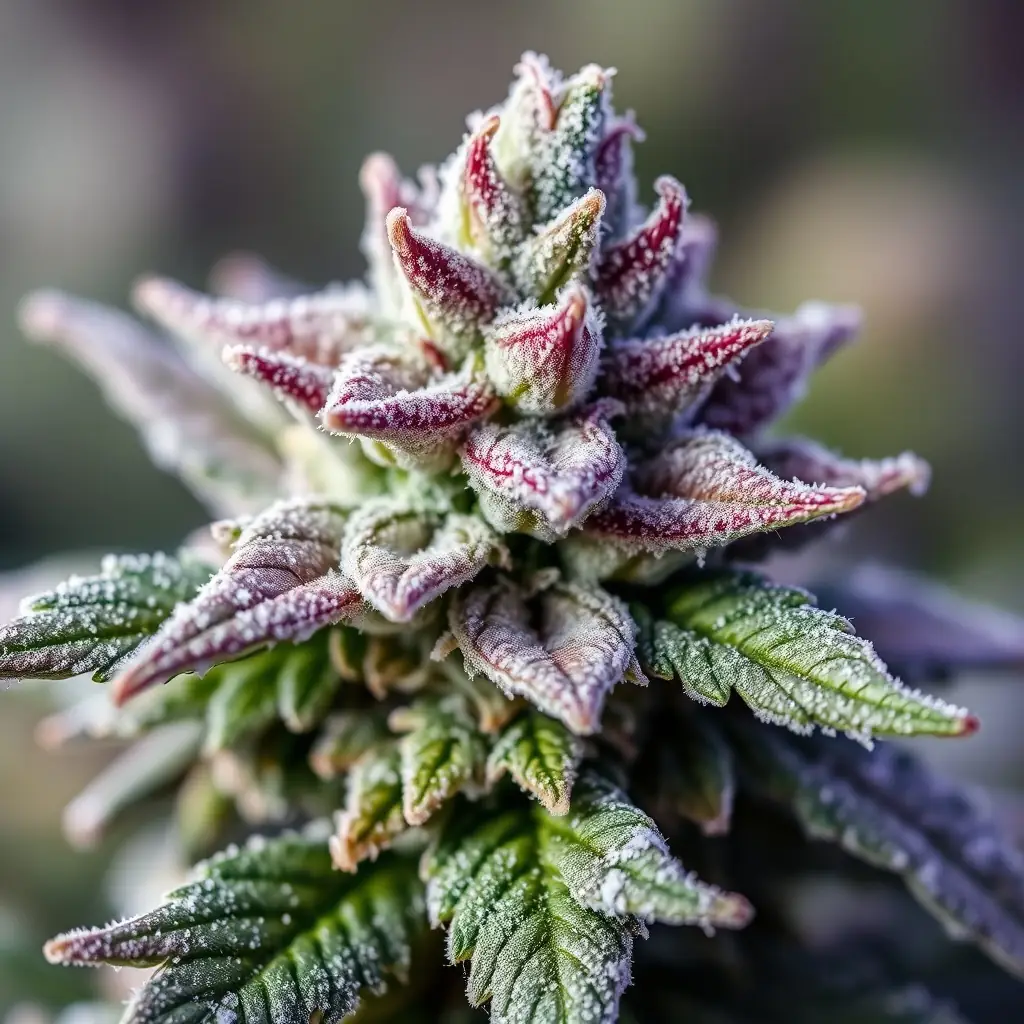 A close-up shot of Glitter Bomb cannabis buds, showcasing their dense structure, sparkling trichomes, and vibrant green and purple hues.