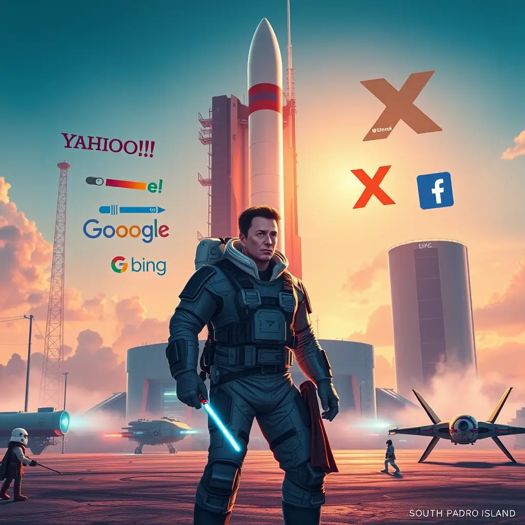 A dynamic, futuristic space-themed scene featuring SpaceX Starbase with a rocket on the pad, Elon Musk, Yahoo, Google, Bing, Facebook, X logos, top AI team with a rocket, Omegacube as a Jedi, R2 unit, and an X-wing fighter near Starbase, Texas, adjacent to South Padre Island, capturing a high-tech, innovative atmosphere.