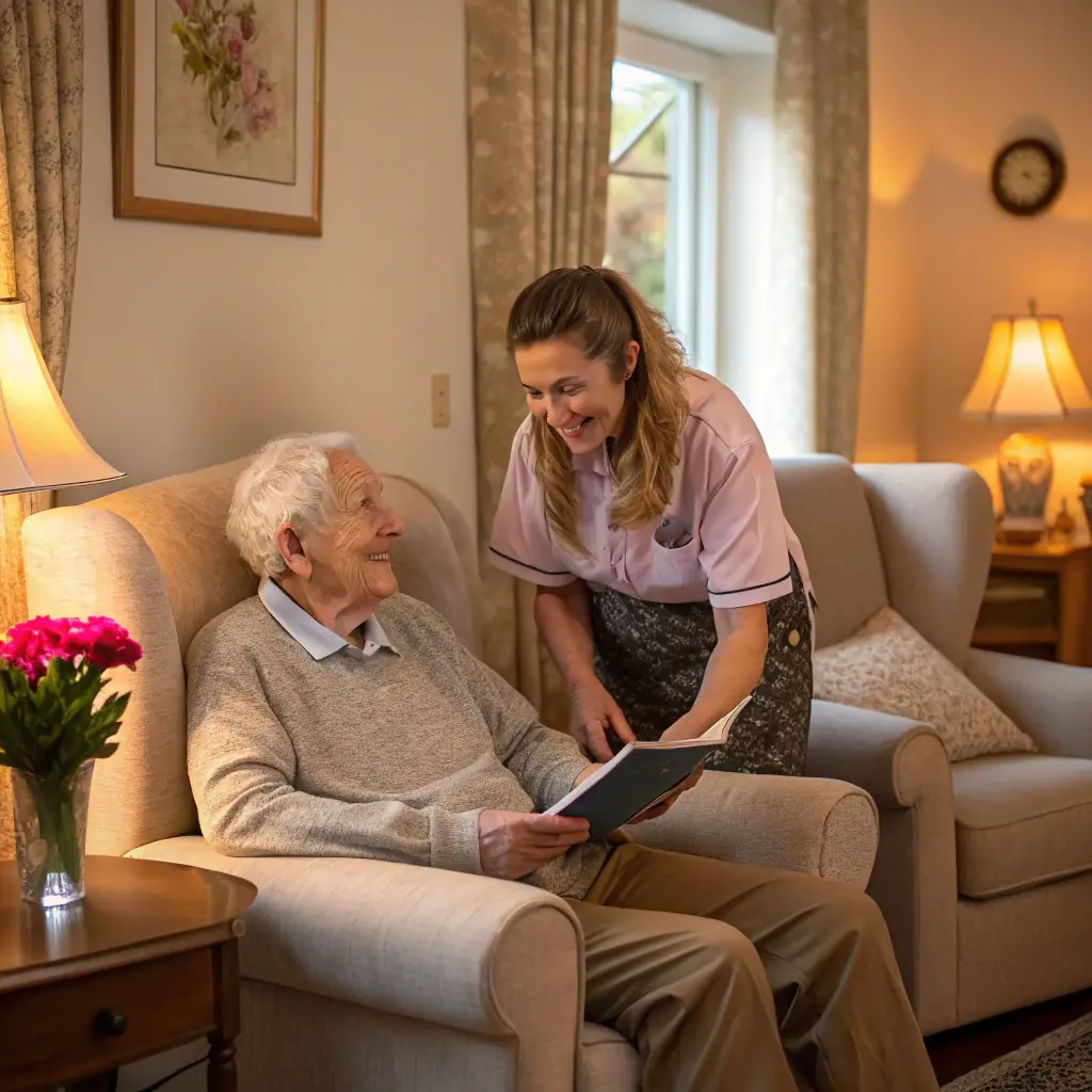 A caring support worker assisting an elderly woman in her living room, both smiling, with medical equipment and a cozy home environment visible, representing professional domiciliary care provided by CentroCare.