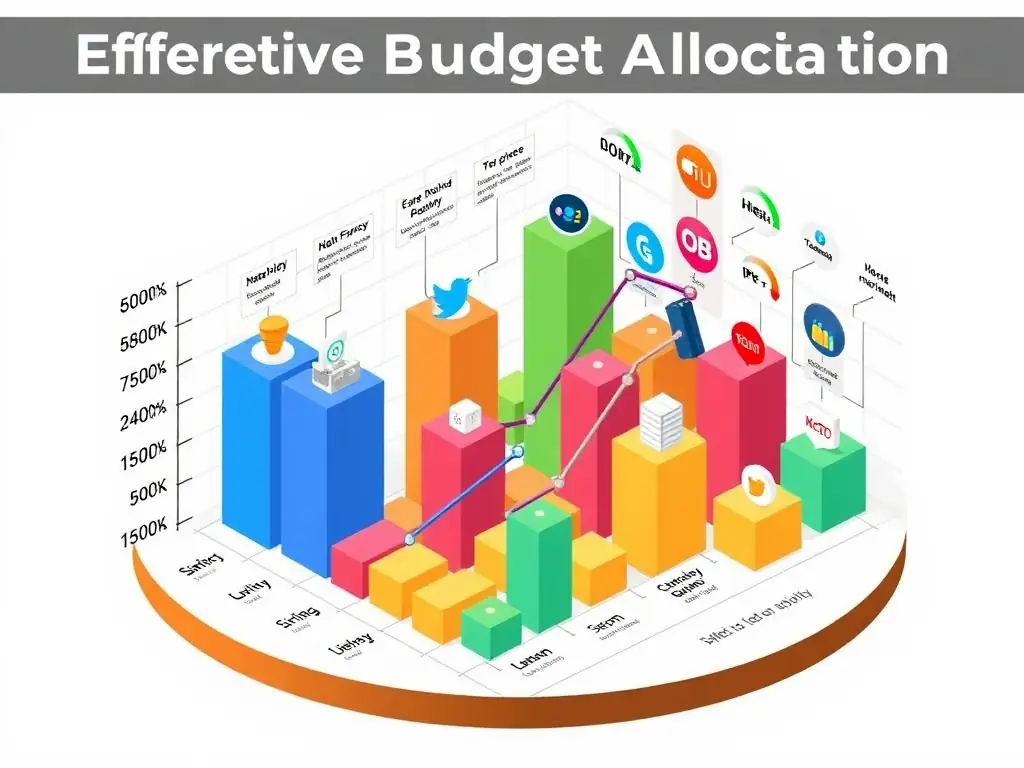 A visual representation of a budget allocation pie chart, with different segments representing various advertising channels, and arrows indicating the flow of funds towards the most effective strategies.