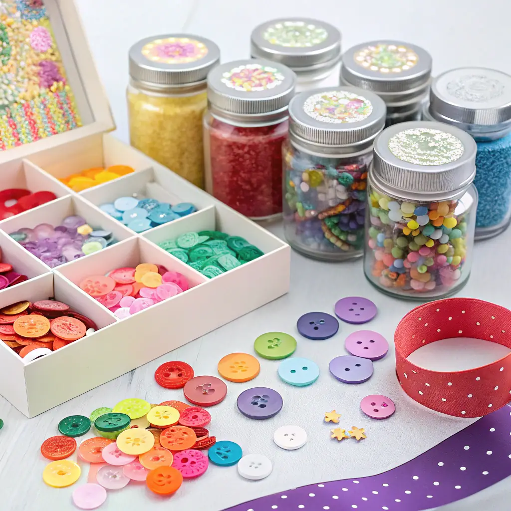 A visually appealing image showcasing a variety of colorful buttons, elegant ribbons, and high-quality needles arranged artfully on a pastel background, with soft lighting and shadows to create a premium craft-store aesthetic. Include minimal decorative elements like floating ribbons and sewing threads to enhance the design.
