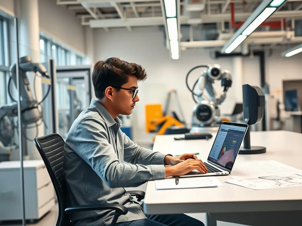 A working student analyzing data on a laptop with a robotic system in the background.
