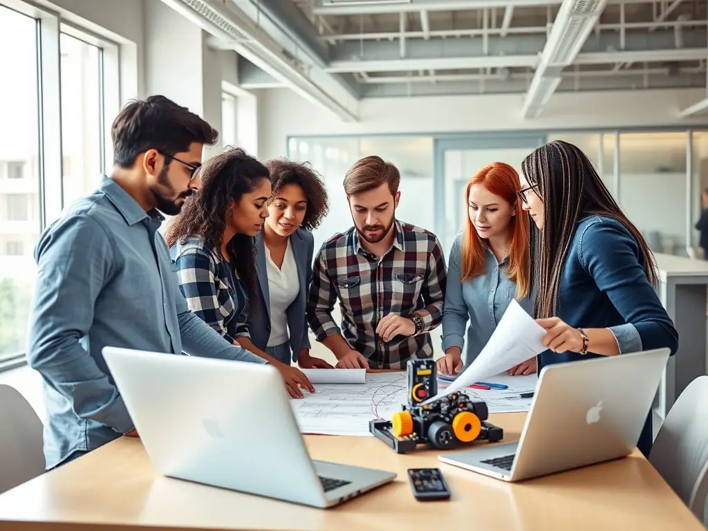 Engineers collaborating on a robotic arm design in a modern office.