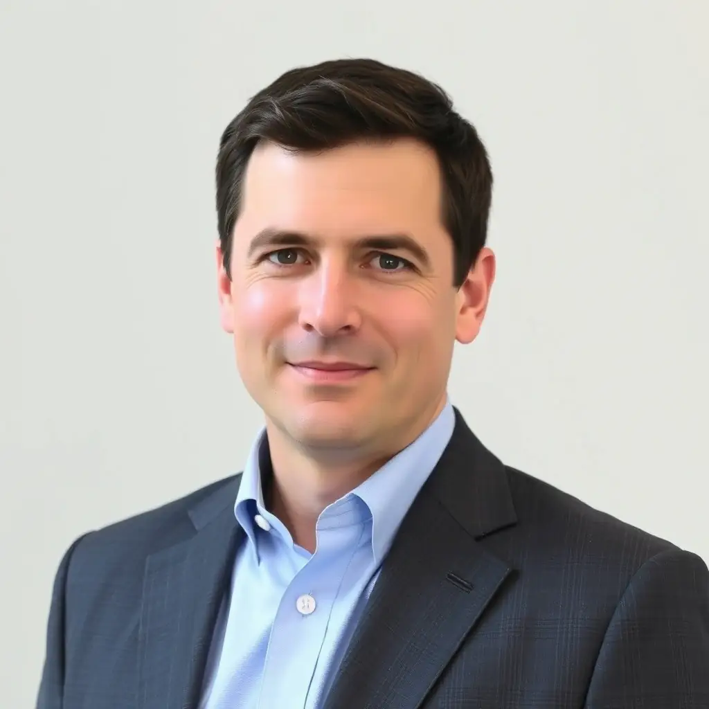 A portrait of Daniel Carter, a man in his early 30s with short dark hair, wearing a gray suit and a light blue shirt. He has a confident and approachable demeanor.