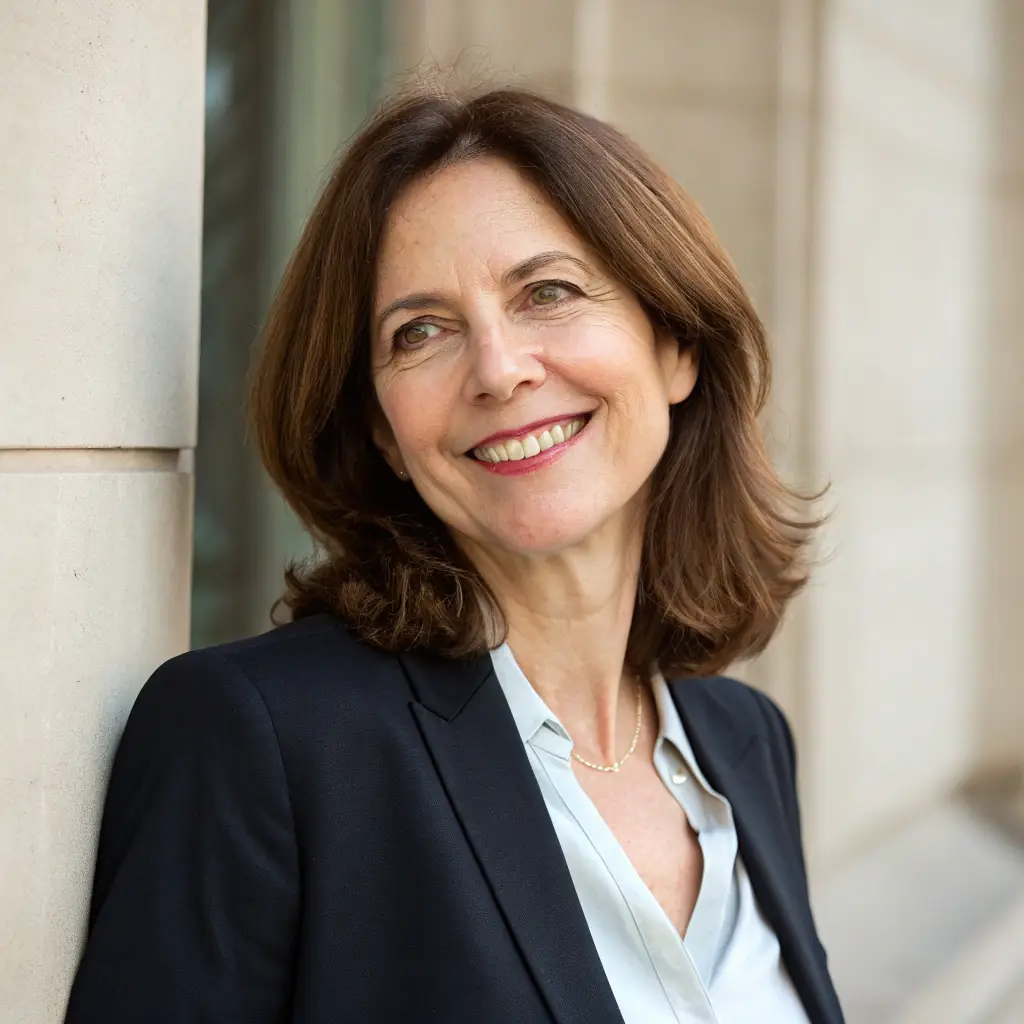 A professional headshot of Evelyn Hayes, a woman in her late 40s with short brown hair, wearing a navy blue blazer and a white blouse. She has a warm smile and kind eyes.