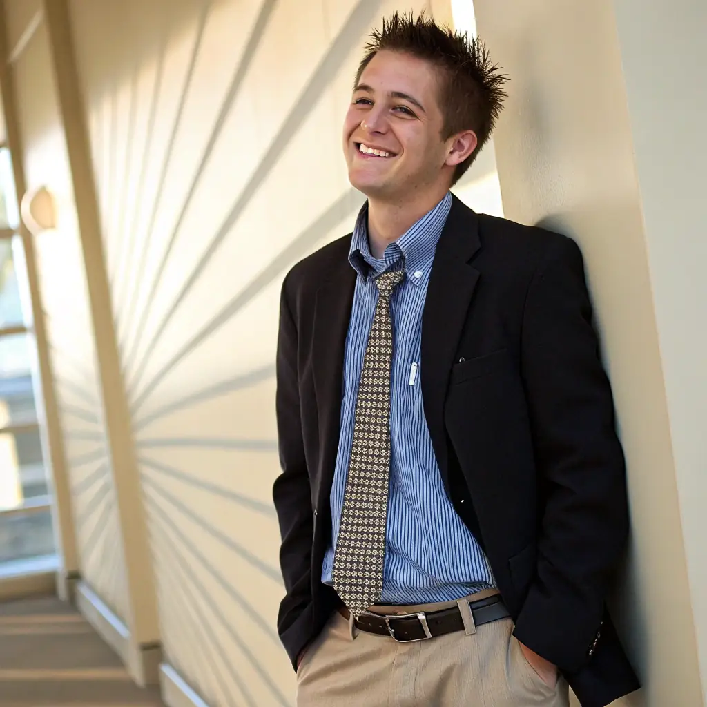 A snapshot of Ethan Davis, a man in his early 20s with short brown hair, wearing a blue shirt and a tie. He has an enthusiastic and motivated look.