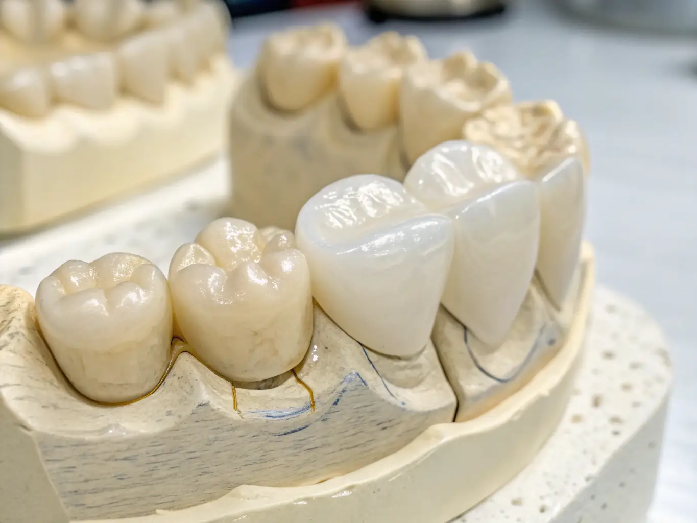 An x-ray image of a tooth after a root canal procedure, showing the filled root canals and a crown on top of the tooth.