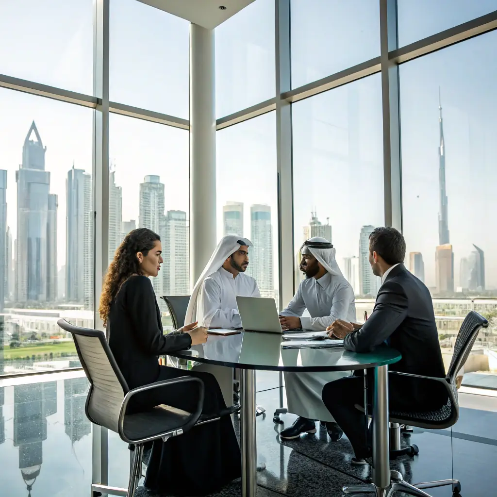 A professional and trustworthy image of a diverse team of consultants collaborating in a modern office setting in Dubai, symbolizing partnership and expertise.