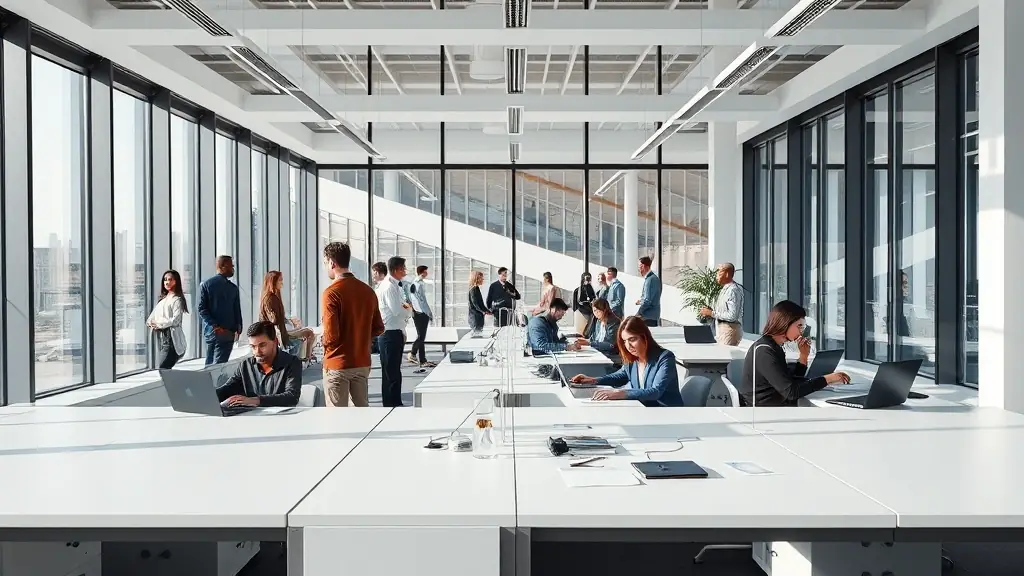 A professional office environment with team members working on employment solutions, showcasing the company's operational setting and client engagement.